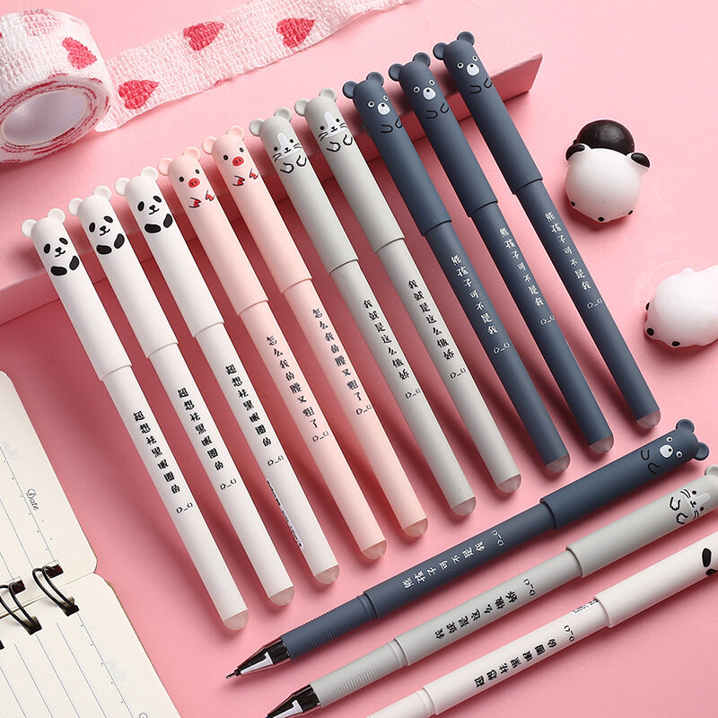Animais Panda Erasable Gel Pen, Azul, Preto Recargas Hastes, Punho Lavável, Material Escolar, Papelaria, 0.5mm, 12Pcs
