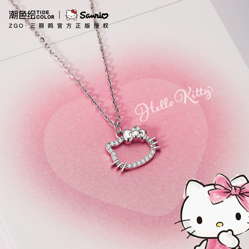 Kawaii Hello Kitty Sanrio Pink Crystal Necklace Silver Alloy Anime Jewelry Chain Female Charm Valentine Accessories Girl Gift
