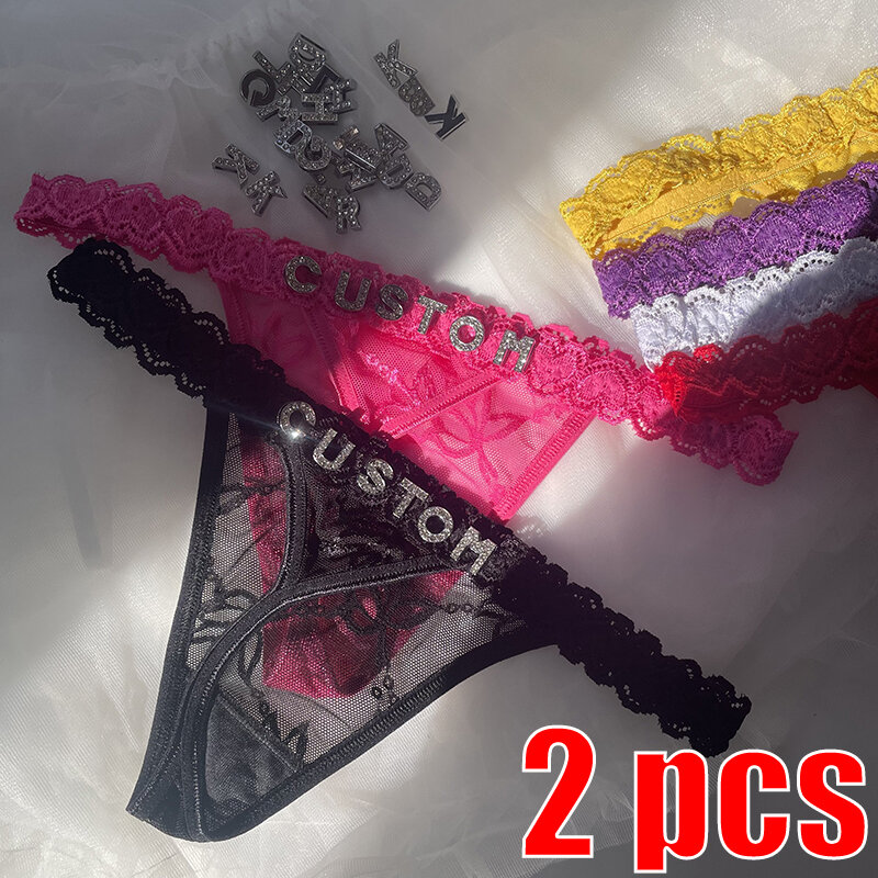 Thong With Name Custom 2Pc/set Rhinestone Letters Waist Chain For Women Sexy Girl Lace String Bikini Customize Briefs Girlfriend