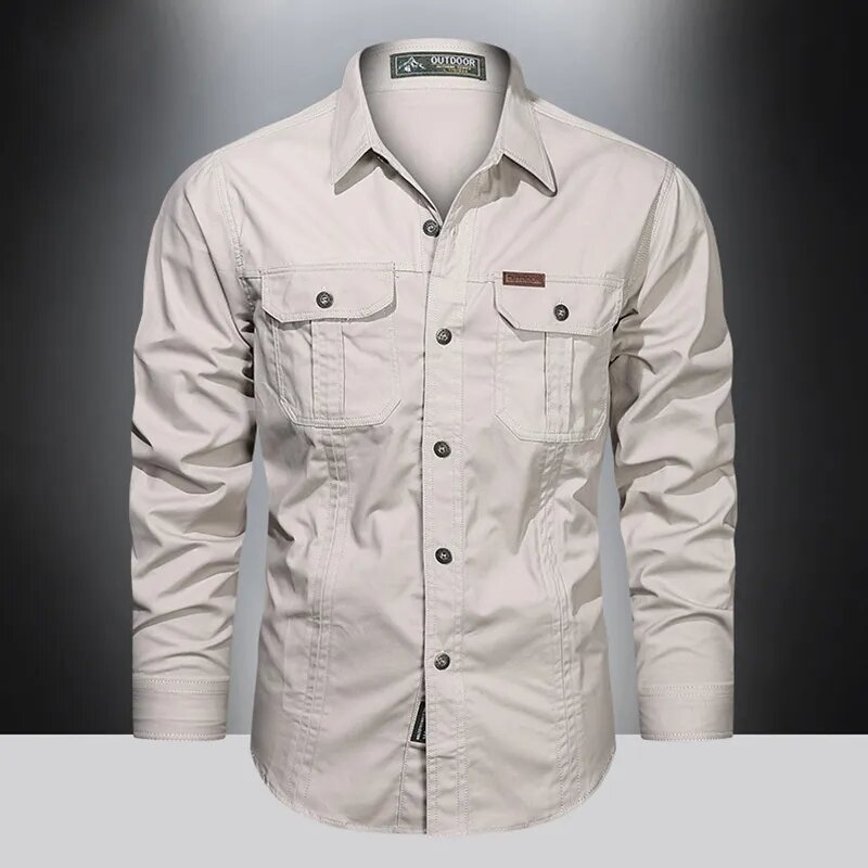 남성용 밀리터리 스타일 코튼 포켓 셔츠, 단색 슬림 캐주얼 브랜드 의류, 긴팔 셔츠, 5XL, 가을 신상