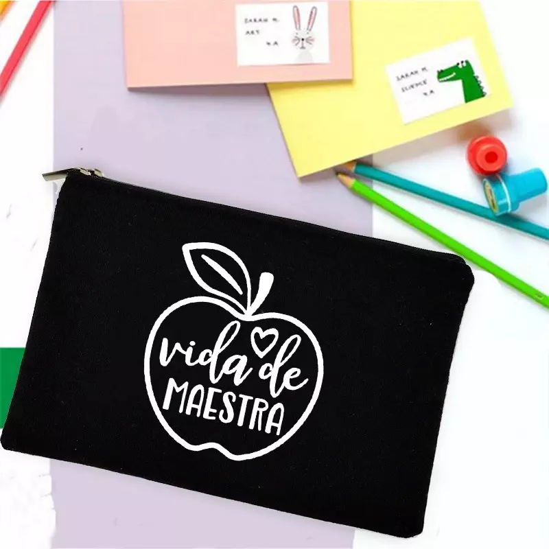 Bolsas de almacenamiento con estampado de arcoíris en español para profesores, suministros de papelería escolar, bolsa de lavado de viaje, bolsa de maquillaje, regalos, estuches para lápices para profesores