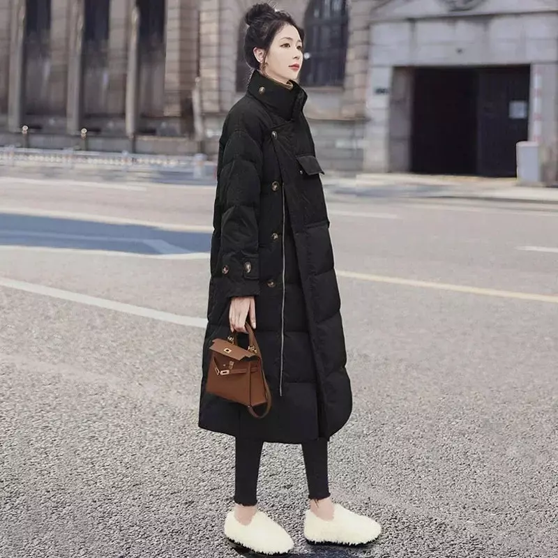 Jaket kerah berdiri tahan angin wanita, jaket Puffer Korea berkancing saku besar panjang Parka tebal hangat musim dingin