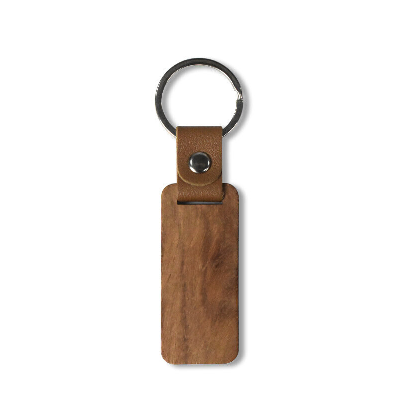 50 buah gantungan kunci kayu persegi panjang, gantungan kunci kulit PU kosong, gantungan kunci liontin kayu