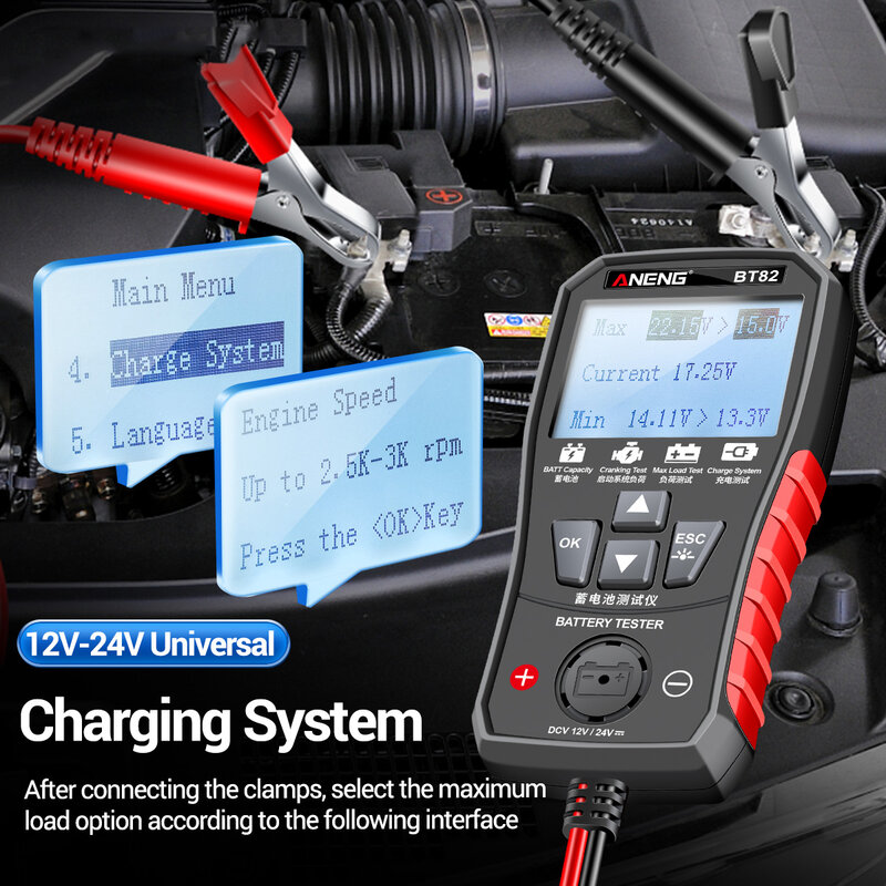 ANENG-Testeur de batterie de voiture BT82, 12V, 24V, système de charge, écran LCD clair, outil de test de défaut de moto automatique