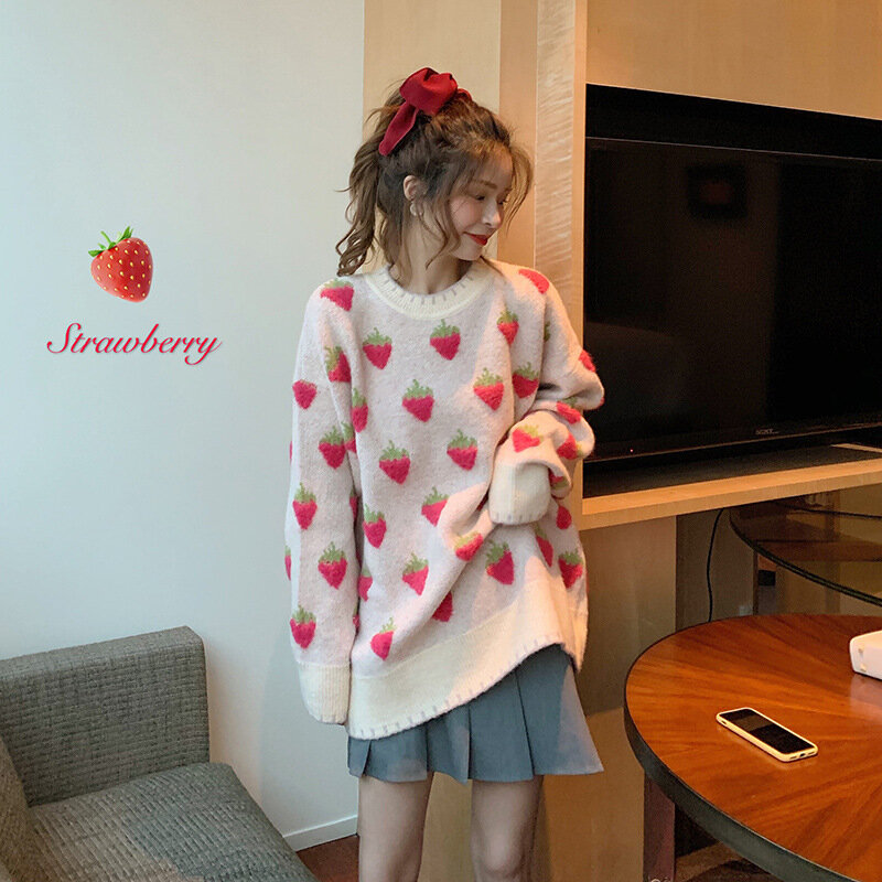 Camisola bonita de malha de morango feminina, manga comprida, pulôver casual, jumper kawaii, estilo coreano, rosa, outono, inverno, 2023