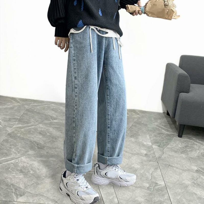 กางเกงยีนส์ขาตรงพอดีตัวสำหรับผู้ชาย, กางเกงยีนส์ขาตรงเอวสูงปานกลางมีซิปกระเป๋าแบบลำลองกางเกงยีนส์สีน้ำเงินแนวสตรีท