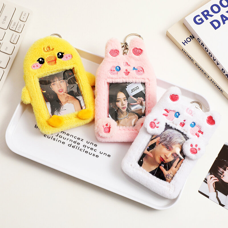 Kawaii Plush Photocard Holder Cat Kpop Idol Photo Sleeve Case Card Holder Girl Cute Keychain ID Credit Bank Protector Stationery