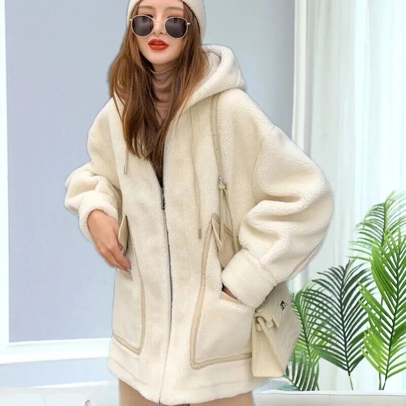 Mantel wol domba wanita, jaket bulu domba tebal versi Korea panjang setengah Musim Semi dan Gugur P171