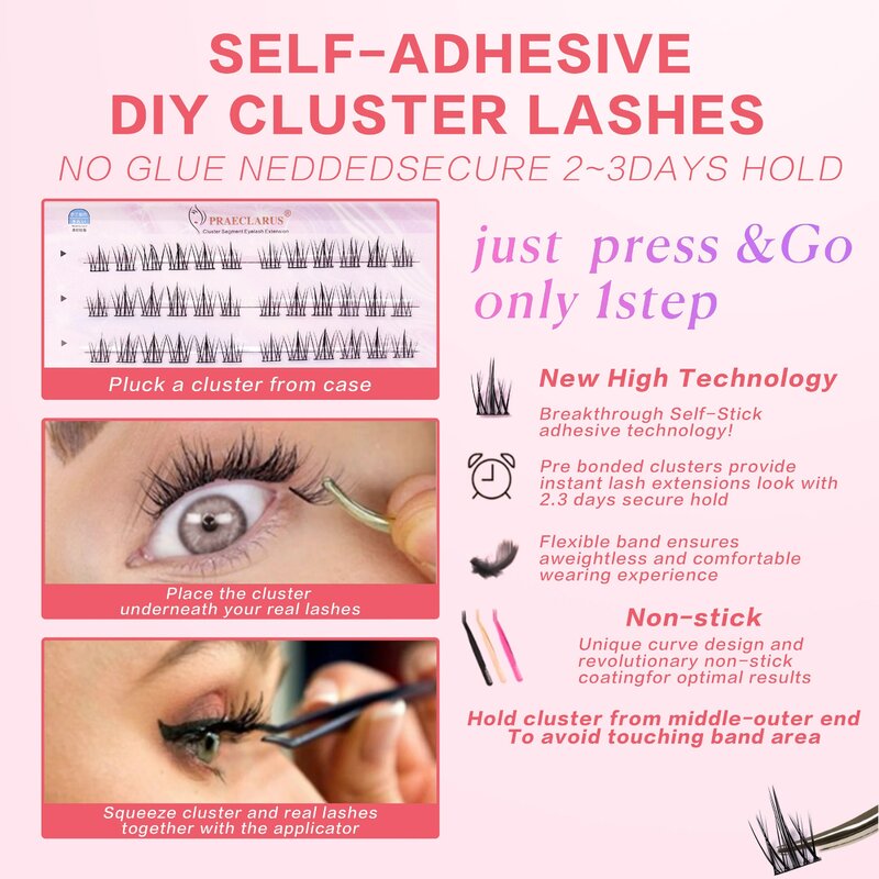 [No Need Glue]PRAECLARUS Crown Pre-Bond Technology  No Glue Needed  DIY Eyelash Self Adhesive Eyelash Set Reusable Natural
