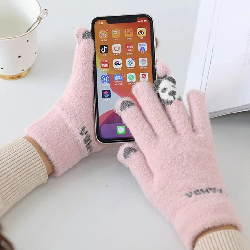 Winter Warme Pluche Handschoenen Schattige Cartoon Panda Ring Vinger Gebreide Handschoenen Touchscreen Handschoenen Buiten Winddichte Wanten