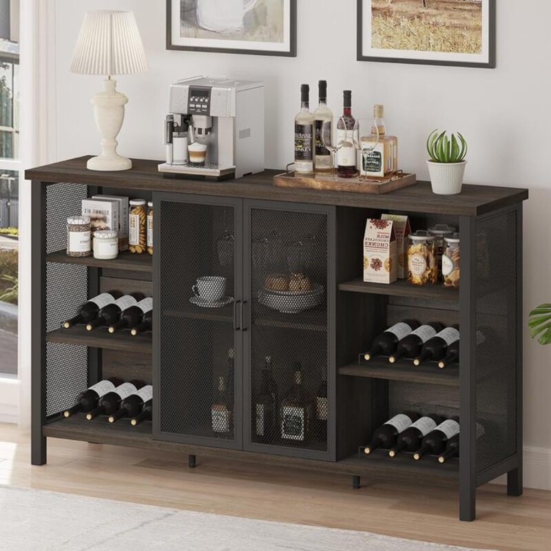 Wine Bar Cabinet for Liquor and Glasses, Industrial Coffee Bar Cabinet, Farmhouse Sideboard and Buffet Cabinet with Storage