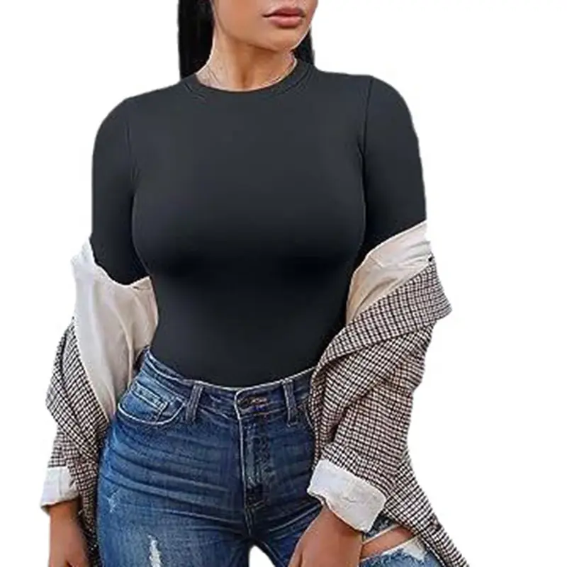 Wanita kemeja lengan panjang Slim Fit pullover pullover pakaian dasar atasan Crop