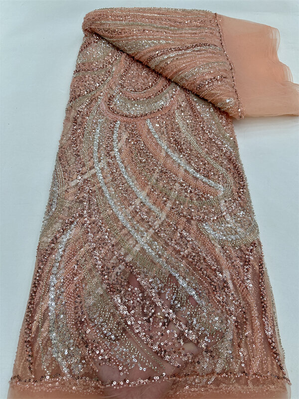 Telas de encaje de secuencia lujosa, tela de encaje de malla bordada de Nigeria, 5 yardas, tela de encaje de boda africana con cuentas 3D, púrpura, 2024