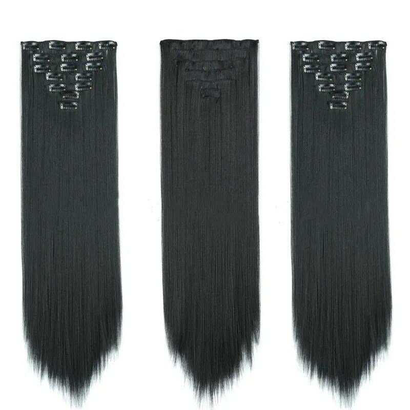 Extensões de cabelo sintético para mulheres, peruca reta longa, penteado penteado, preto, marrom, loiro, natural, cabelo falso, 7 clipes, 56cm