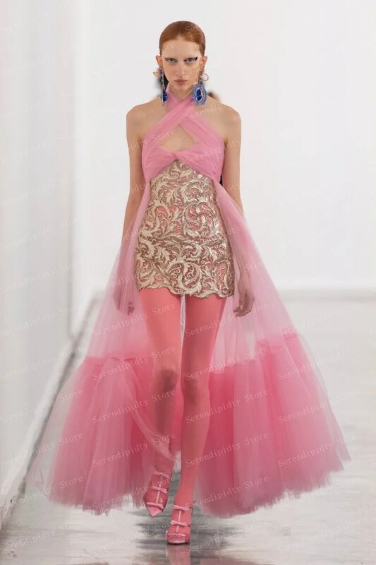 ピンクのイブニングミニドレス,チュールの透明なレースとチュールのパーティードレス,ローの衣服,足首の長さ,カクテル,大きいサイズ
