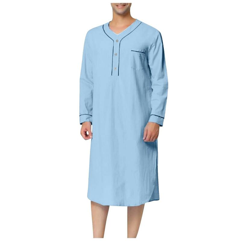 Summer Men Thin Muslim Buttons Robes Shirts Solid Color Loose Long Sleeves Robe Islamic Saudi Arabia Home Kaftan Muslim Abaya