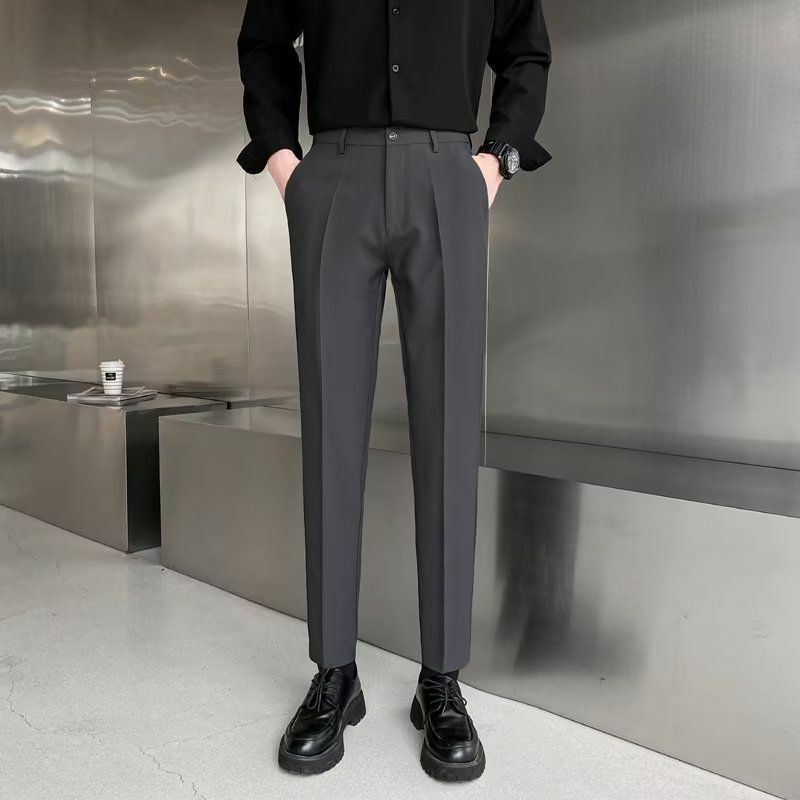 2024 Summer New Men's Trouser Solid Color Button Zipper Business and Leisure Fashion Slim Commuter Ice Shreds Straight Pants