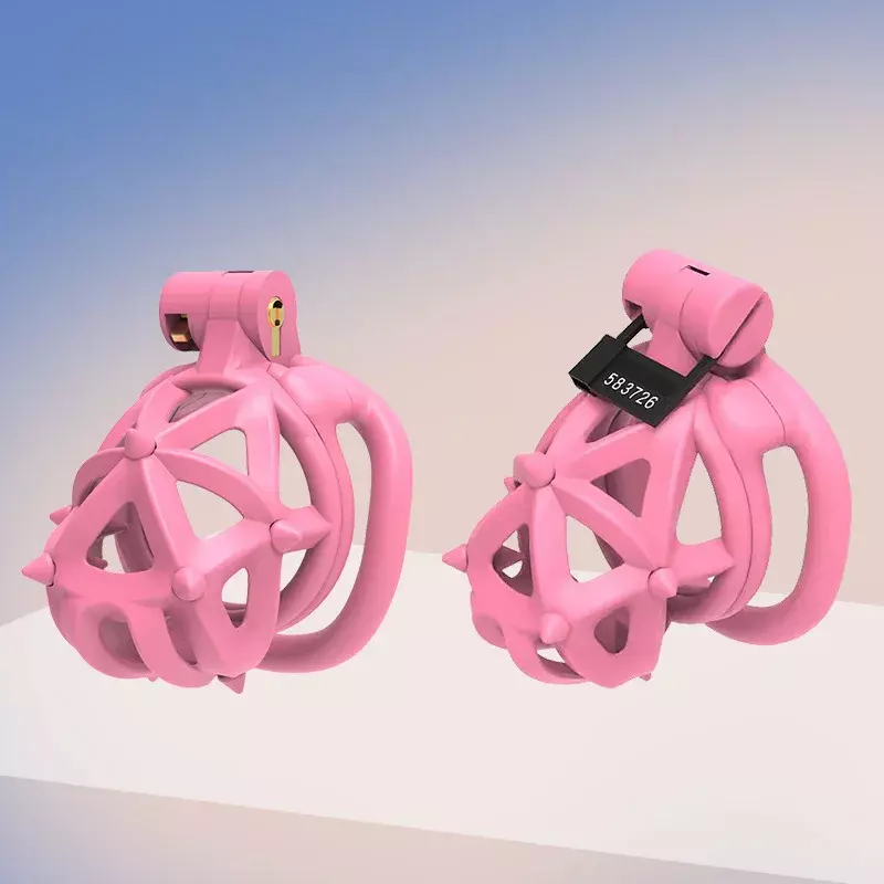 24 New Pink Male Chastity Restraint with Double Headed Soft Spikes Breathable CB Lock Lightweight Cock Cage BDSM Adult Play 18+