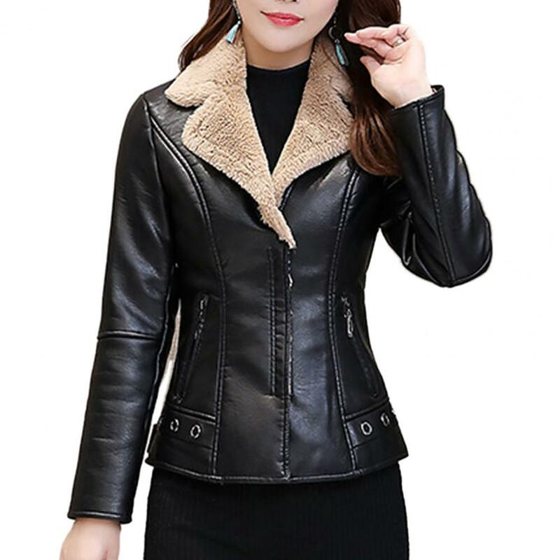 Jaqueta de couro sintético elegante para mulheres, forro luxuoso, bolsos com zíper, design slim fit, moda outono e inverno