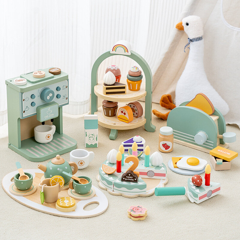 Drewniane zabawki do zabawy w kuchni ekspres do kawy zestaw do herbaty tort zabawka lody zestaw do gry zabawki edukacyjne dla dziewczynek chłopcy prezenty dla dzieci