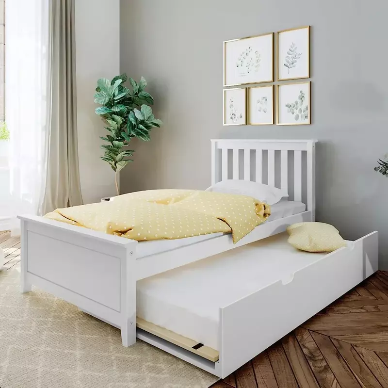 Doppelbett, Holzbett rahmen mit Kopfteil für Kinder mit Rollbett, Lattenrost, weiß