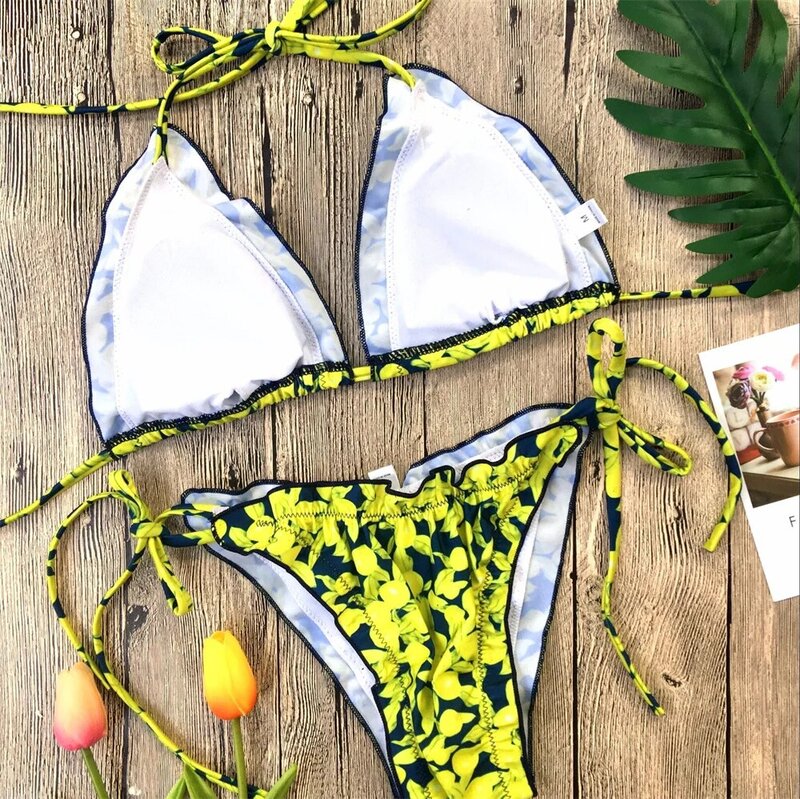 Bikini string imprimé jaune pour femme, maillot de bain triangle froncé, maillot de bain string, maillots de bain à lacets, tenue de plage, ensemble micro bikinis, Y2K