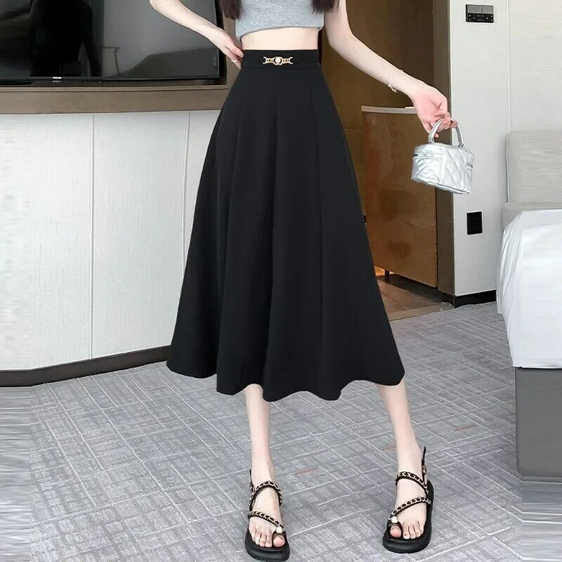 Rok panjang A-line pinggang tinggi wanita, rok W1738 kasual elegan gaya Korea Musim Panas 2024