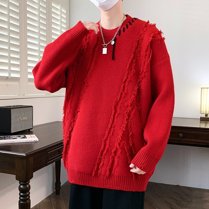 Suéter de malha com padrão geométrico diagonal masculino, pulôver com gola redonda, camisa de fundo casual, monocromática, outono, inverno, 2023