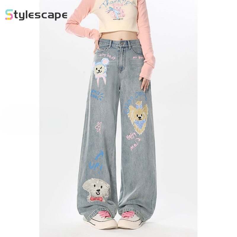 Jeans wanita edisi Korea desain baru berasa, jins panjang kaki lurus longgar motif kartun anjing 2024
