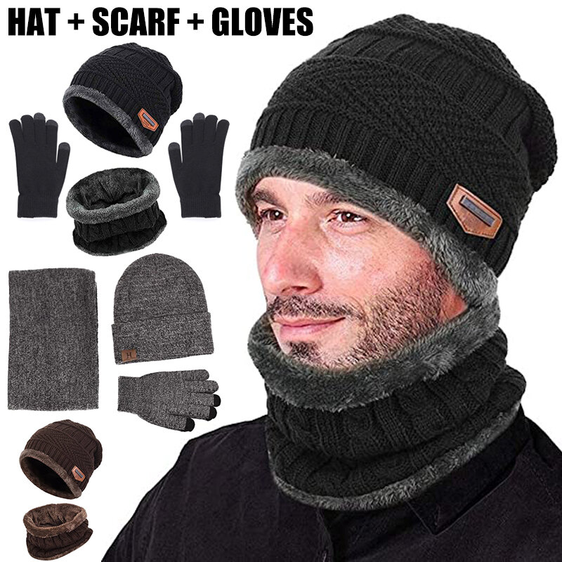 남녀공용 겨울 따뜻한 비니 모자 스카프 장갑 세트, 따뜻한 니트 비니 모자, 목 장갑