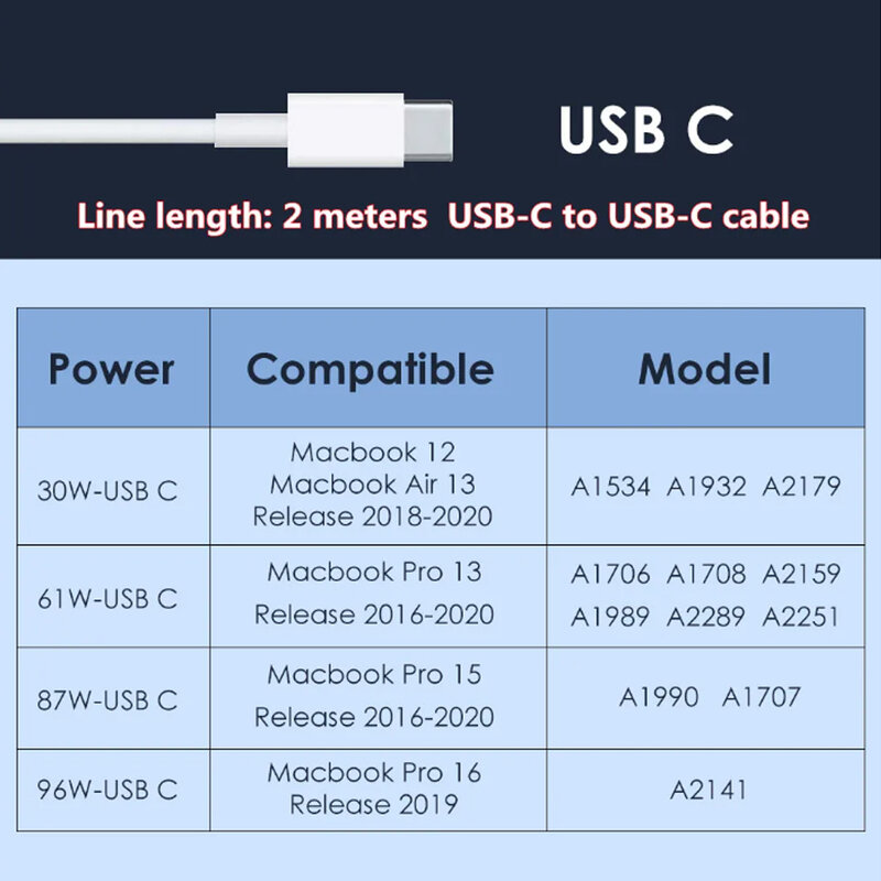 Macbook pro用のtype-c急速充電器、壁充電器、USB-C pd、ラップトップ電源アダプター、2m充電ケーブル、100w、13インチ、16インチのラップトップ