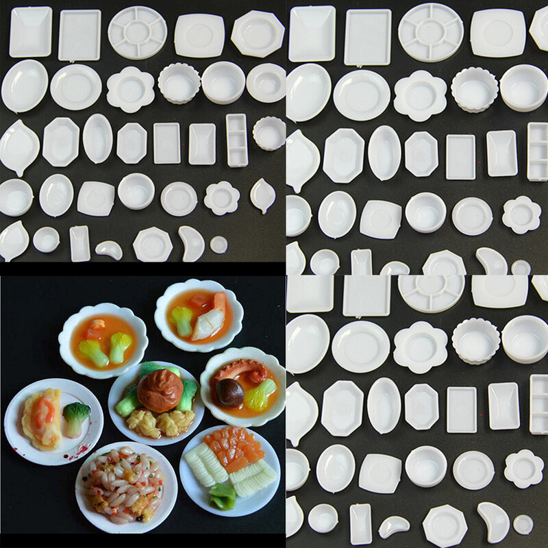 Peralatan makan rumah boneka, miniatur piring plastik Set makanan Mini 33 buah