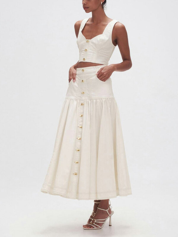 Комплект BPN из двух предметов для женщин, минималистичный топ с квадратным воротником и рукавами, Лоскутная юбка-трапеция с завышенной талией и карманами, однотонный комплект для женщин
