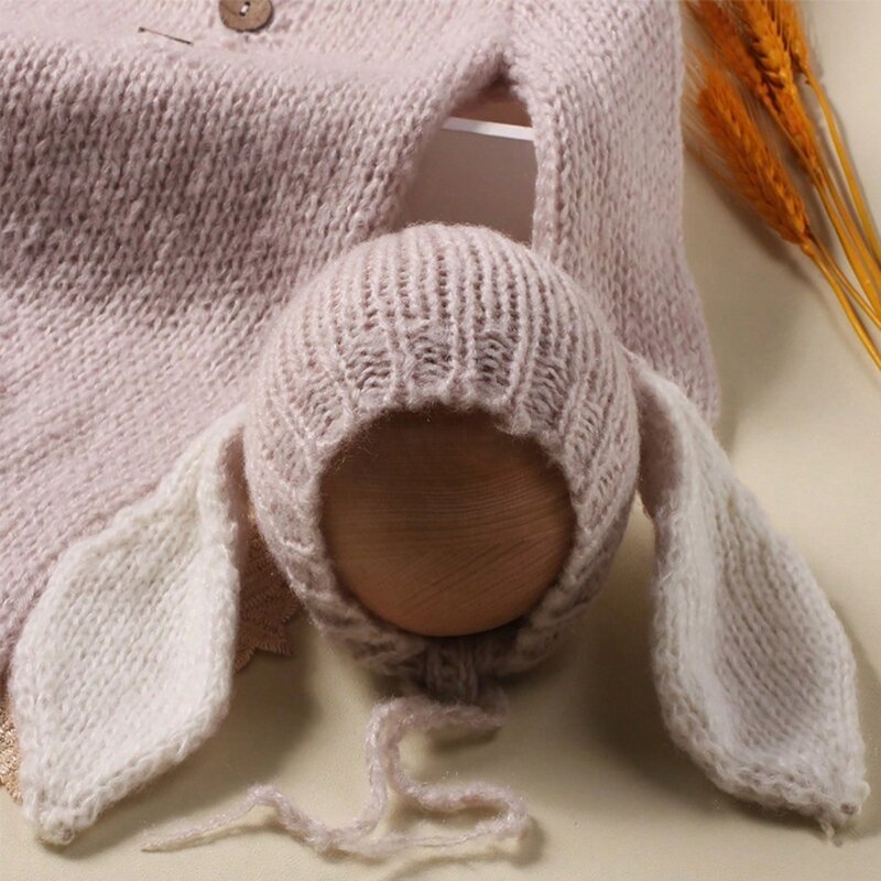 2 potong/set alat peraga pemotretan bayi baru lahir Romper rajut nyaman Jumpsuit Solid dan topi telinga besar lucu pakaian pemotretan bayi