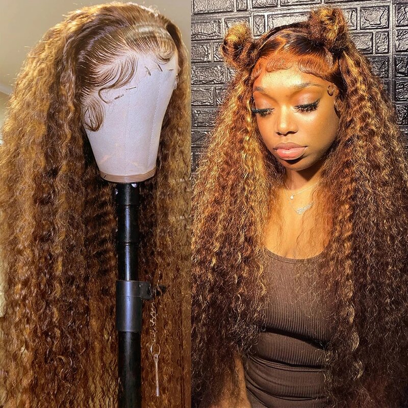 Peluca de cabello humano rizado para mujeres negras, postizo de encaje Frontal ombré de 30 y 34 pulgadas, color rubio miel, HD, ondas profundas