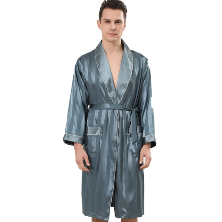 Set Gaun Jubah Kimono Kerah Jas Piyama Pria dengan Celana Pendek Pakaian Tidur Satin Baju Rumah Rayon Gaun Malam Pria Pakaian Santai