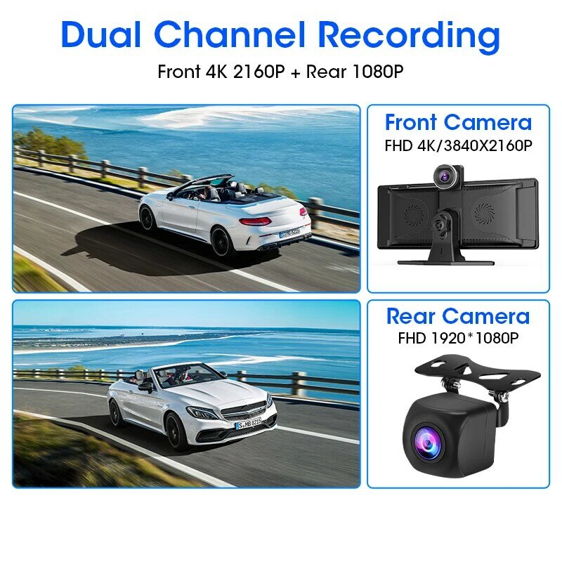 Dash Cam 4K Espelho de Carro Video Player, Carplay Sem Fio, Android Auto Monitor, GPS Multimídia, Câmera Retrovisor, Painel, 10,26"