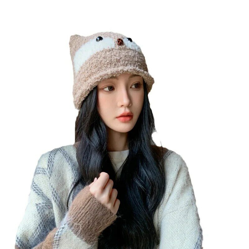 Women's Windproof Knitted Fox Hat, Ear Protection, Woolen Pullover, Plush Cap, Grossa, Quente, Bonito, Exterior, Inverno, Frete Grátis