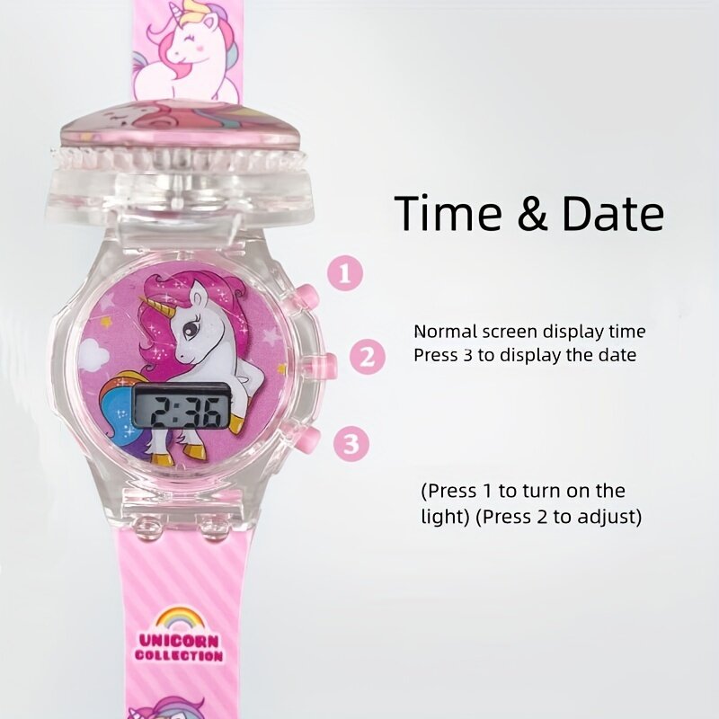 Orologio elettronico con musica luminosa rotante di moda, orologio con unicorno carino cartone animato di moda, regalo per feste di materiale scolastico