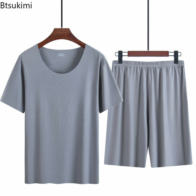 Conjunto de pijama fino de verano para hombre, ropa de dormir sin costuras, pantalones cortos de manga corta, seda de hielo