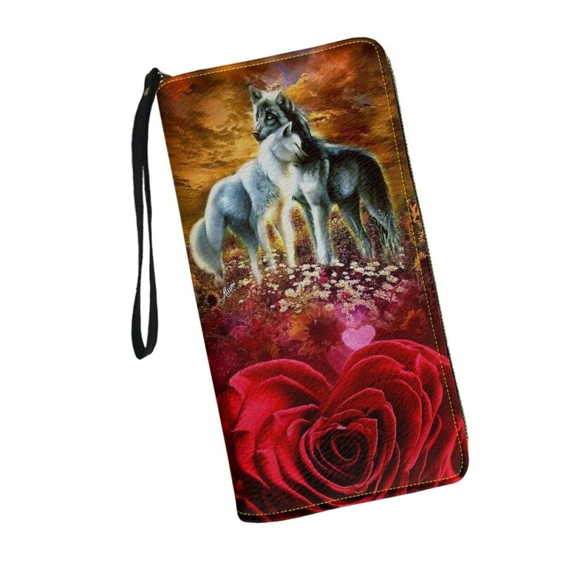Billeteras de cuero con diseño de Lobo y rosa roja para mujer, monedero de viaje con cremallera de lujo, organizador de tarjetas, regalos para el Día de San Valentín