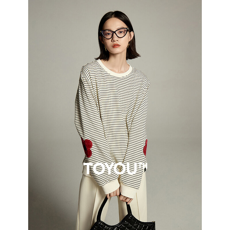 Toyouth Women Sweatshirt 2023 Autumn Long Sleeve O Neck Loose Hoodie Black and White Stripes Flower Embroidery Casual Tops