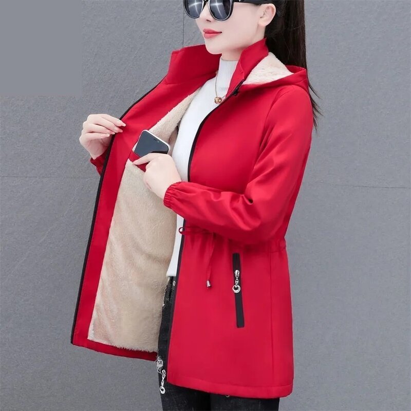 Autunno inverno donna giacca a vento 2023nuovo velluto caldo medio lungo Trench con cappuccio coreano femminile top donna giacca Slim Outwear 5XL
