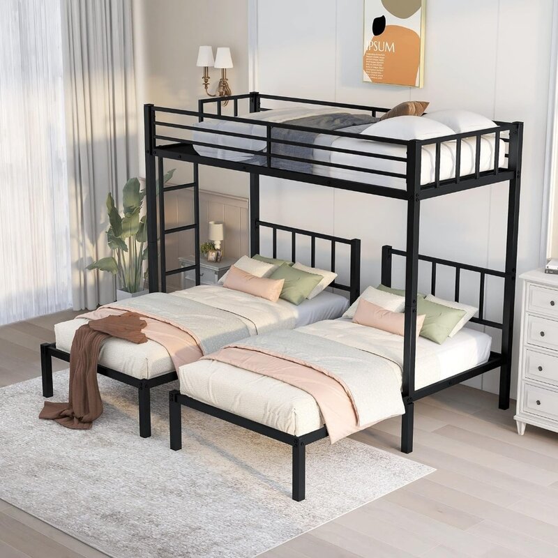 Potrójne łóżko piętrowe s dla dzieci, wytrzymała metalowa rama, może być podzielona na 3 podwójne łóżko, podwójne nad dwoma pojedynczymi łóżkami piętrowymi dla 3, potrójne łóżko piętrowe