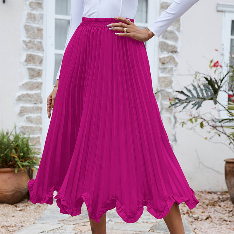 Women's Dress Solid Color Temperament Ruffle Edge A-line Pleated Loose Half Dress Women Long Skirt