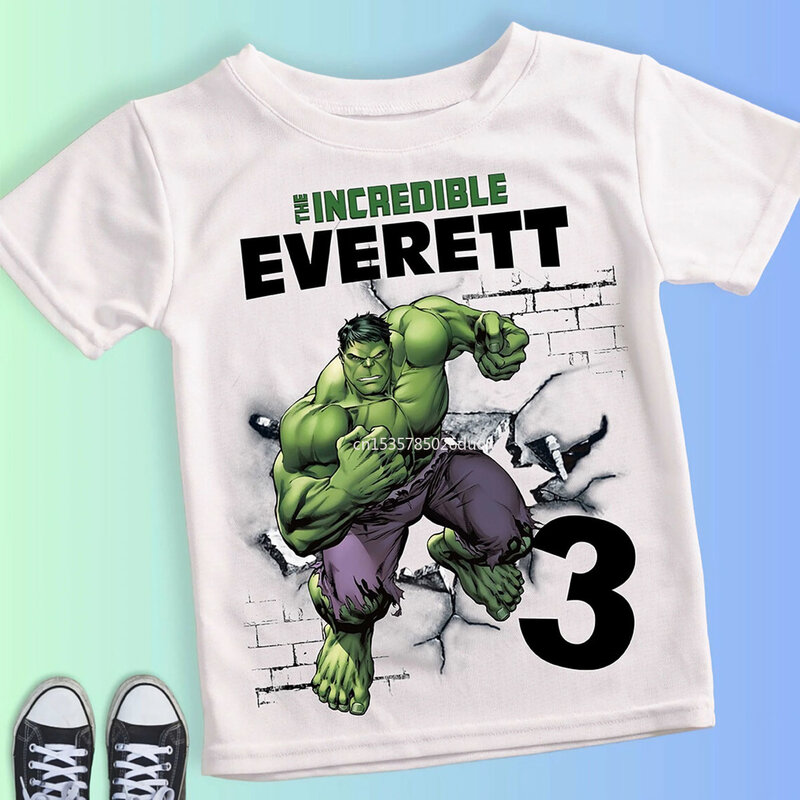 Camiseta blanca de manga corta para niño, camisa con nombre personalizado de Hulk, Marvel, cumpleaños, 2, 3, 4, 5, 6, 7 y 8 años