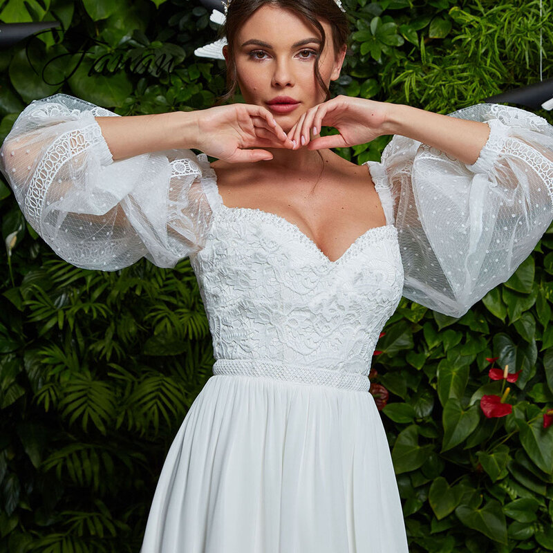 2023 Wedding Dresses Sweetheart Three Quarter Sleeve Chiffon Lace Appliques A-Line Backless Bridal Gown vestido de noiva