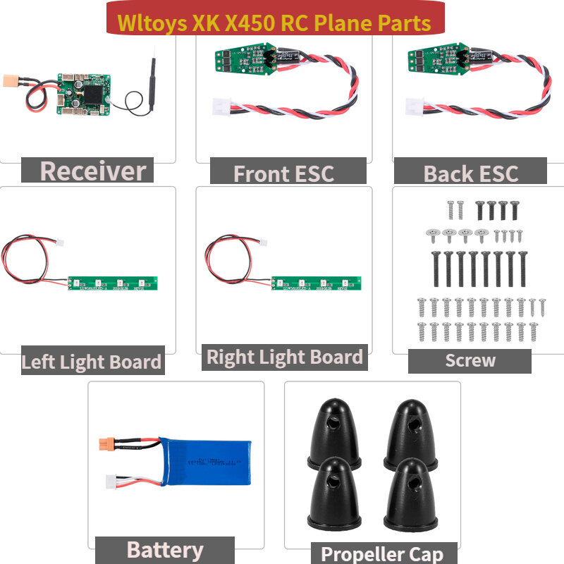 WLtoys-XK X450 RC Avião Peças Acessórios, Wing Battery Cover Case, Motor Servo ESC LED Blade Prop, Parafusos Receptor Base