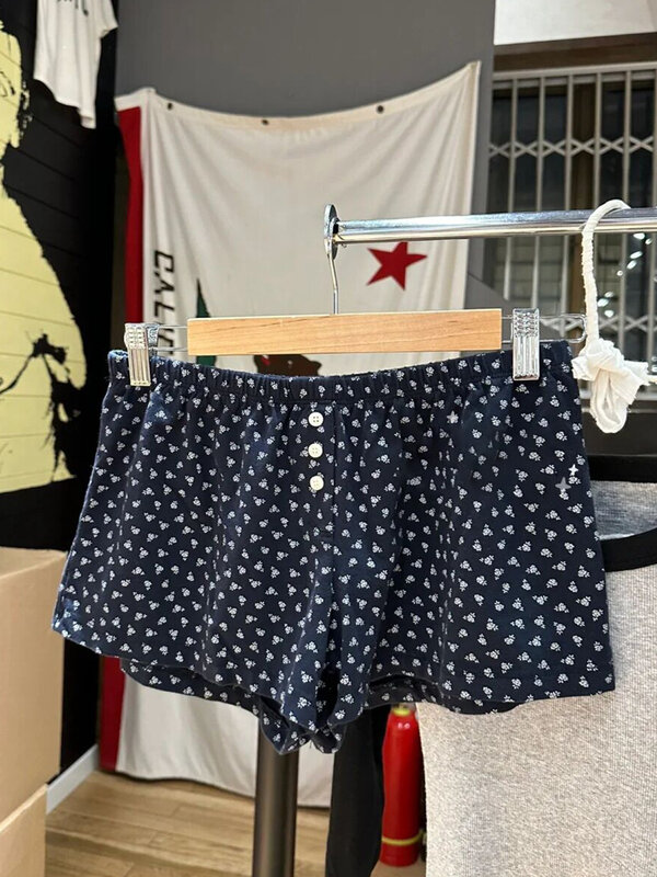 Pantalones cortos de algodón con estampado Floral para mujer, Shorts con tres botones, cintura elástica, rectos, informales, Y2k