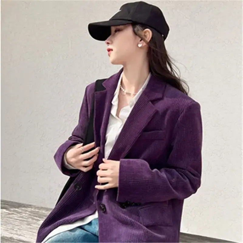 Jacket Purple korduroi setelan jaket wanita, jaket atasan ramping elegan Retro kelas atas musim semi musim gugur 2024